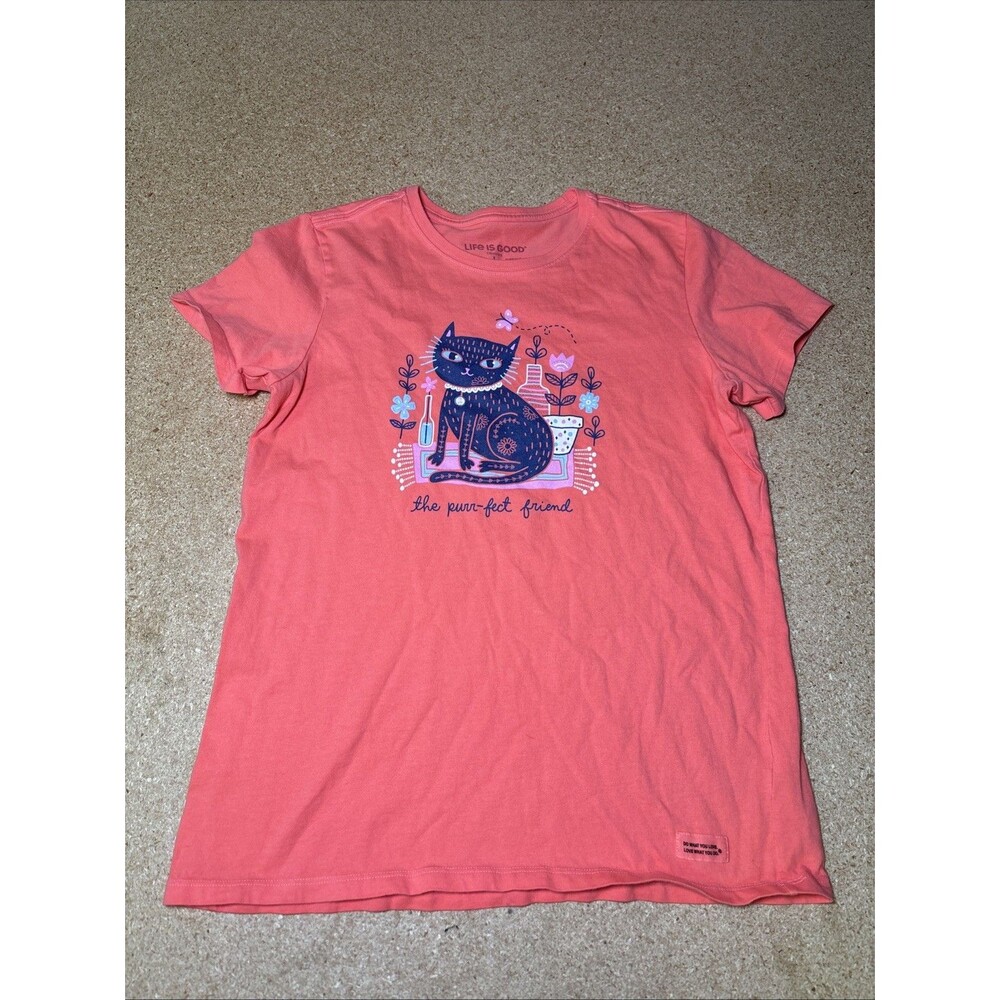 Life is Good Women’s Orange Crusher Tee Cat Graphic Crew Neck Sz L B3